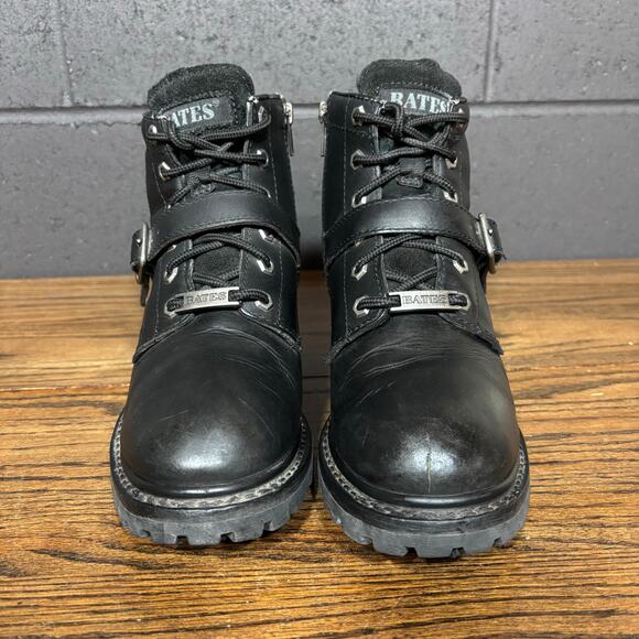 Bates Black Leather Biker Combat Boots Lug Sole Buckle Zip Moto Women’s 9 - Picture 3 of 7